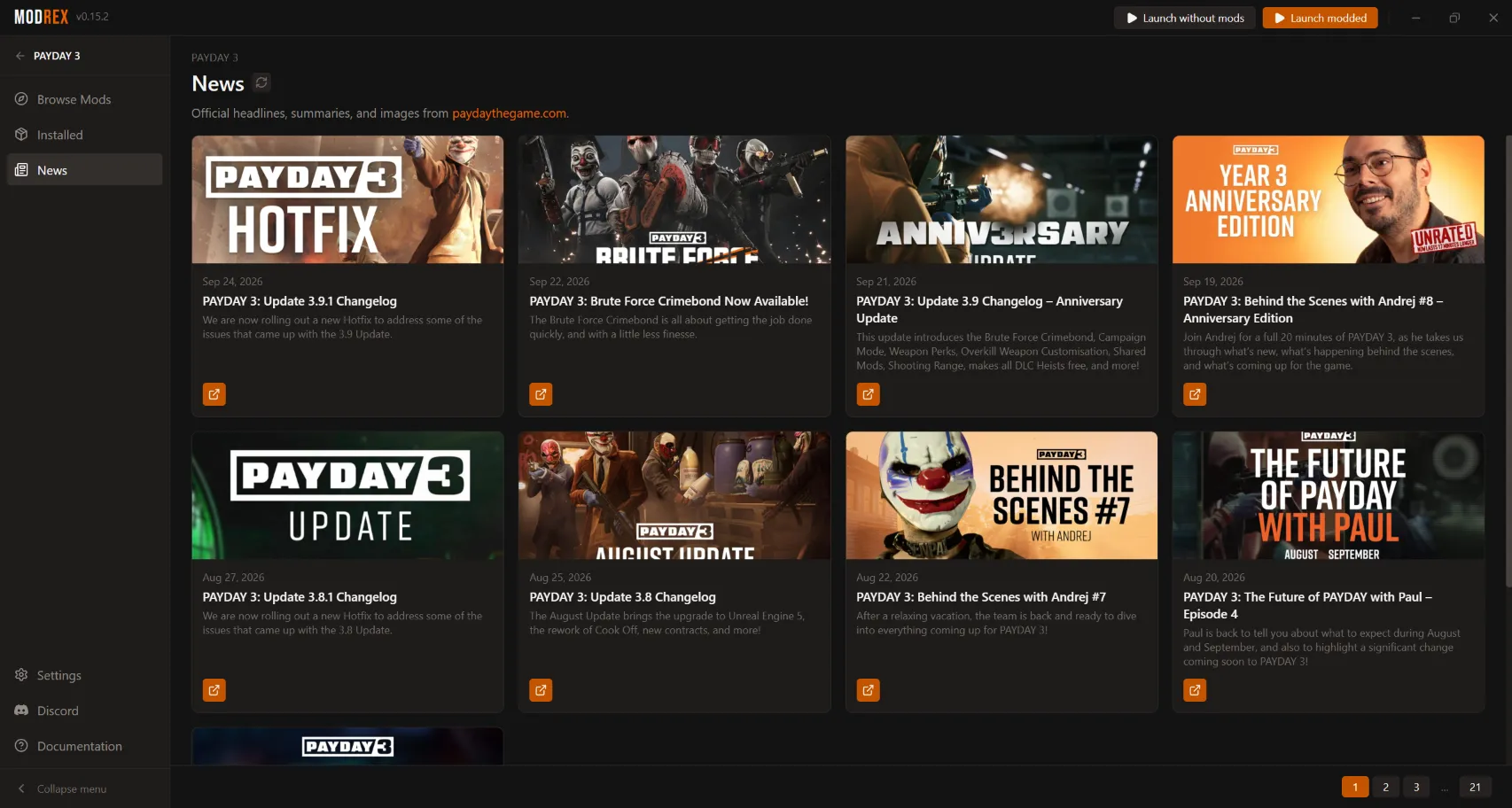 The Modrex news tab showing the latest posts for the active game